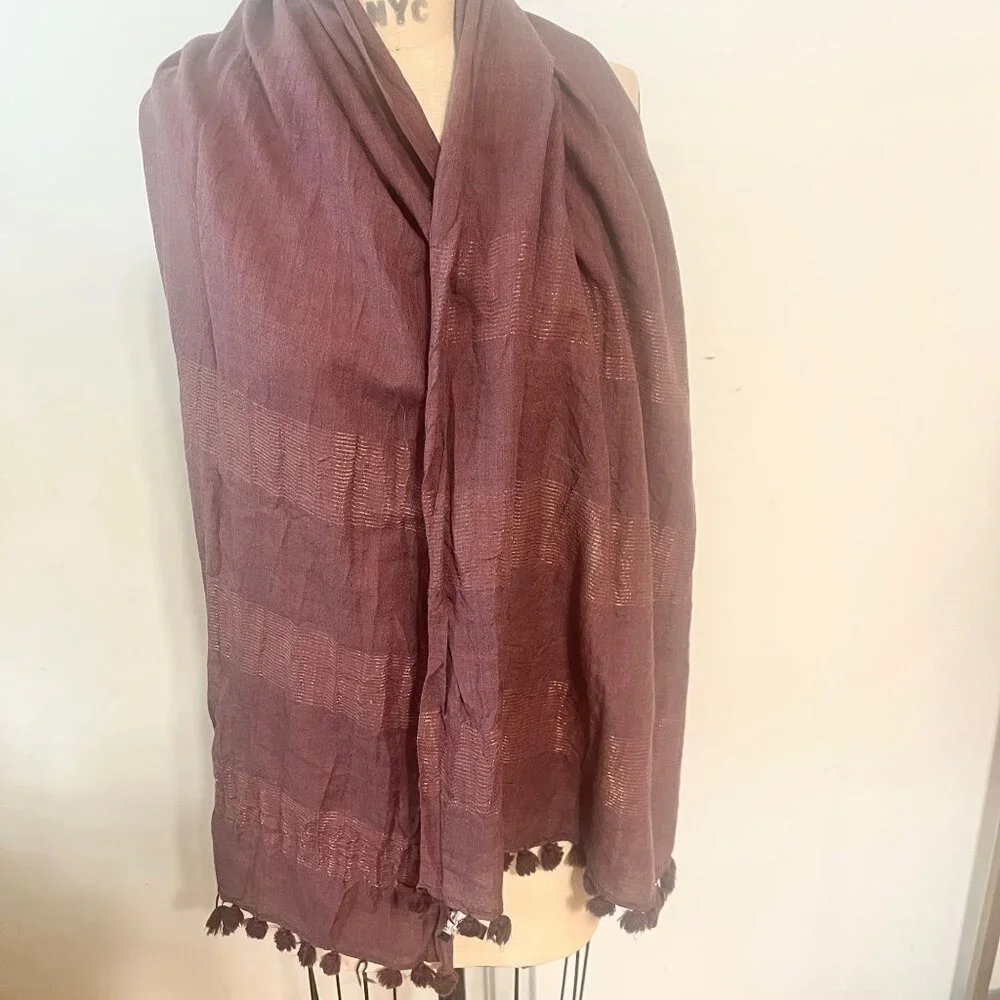 EILEEN FISHER  Wool Tassel‎ Striped Scarf in Plum